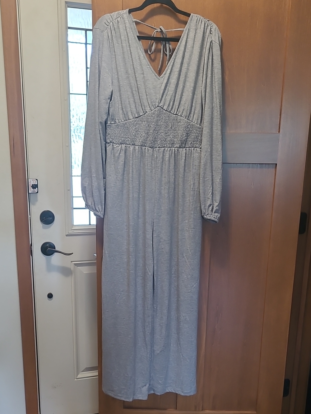 Smocked-Waist V-Neck Jumpsuit in Light Gray
